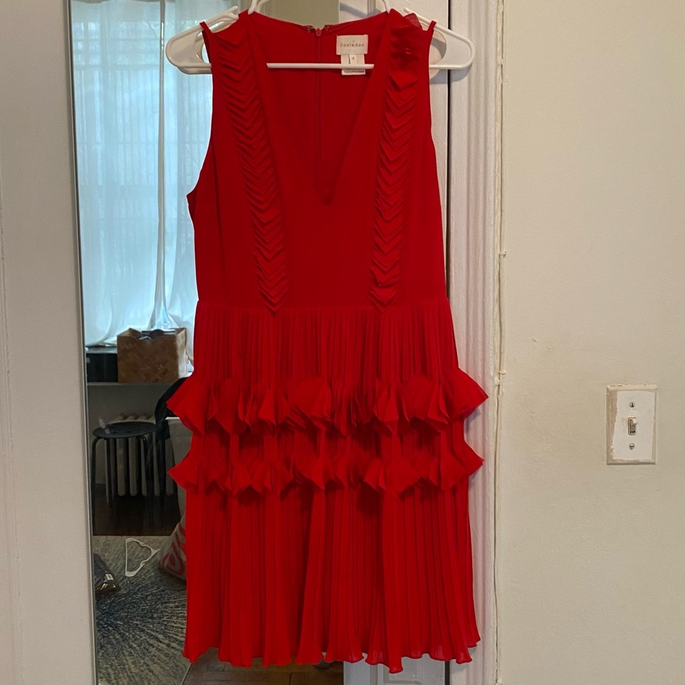 Red Ruffle Pleated Dress - Picture 2 of 5
